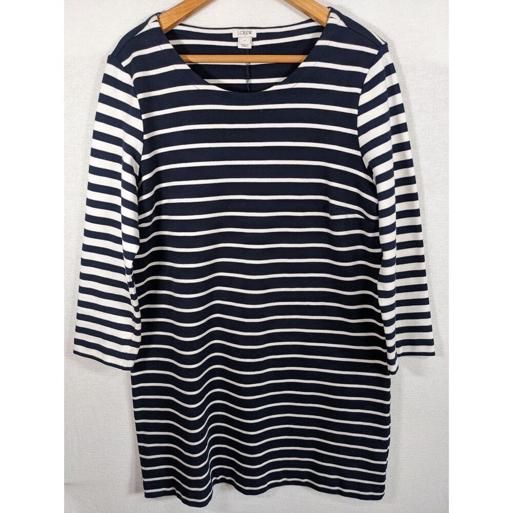 J.CREW Striped Maritime Dress Size Large Knit Navy Blue Ivory Shift E7077